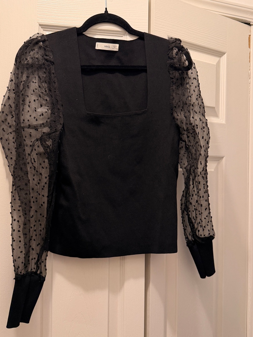 Mango Black Square Neck Top with Dotted Sheer Puff Sleeves